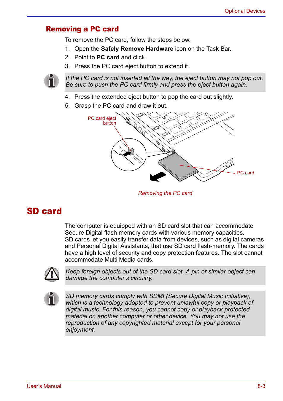 Sd card, Sd card -3, Removing a pc card | Toshiba Portege S100 User Manual | Page 135 / 216