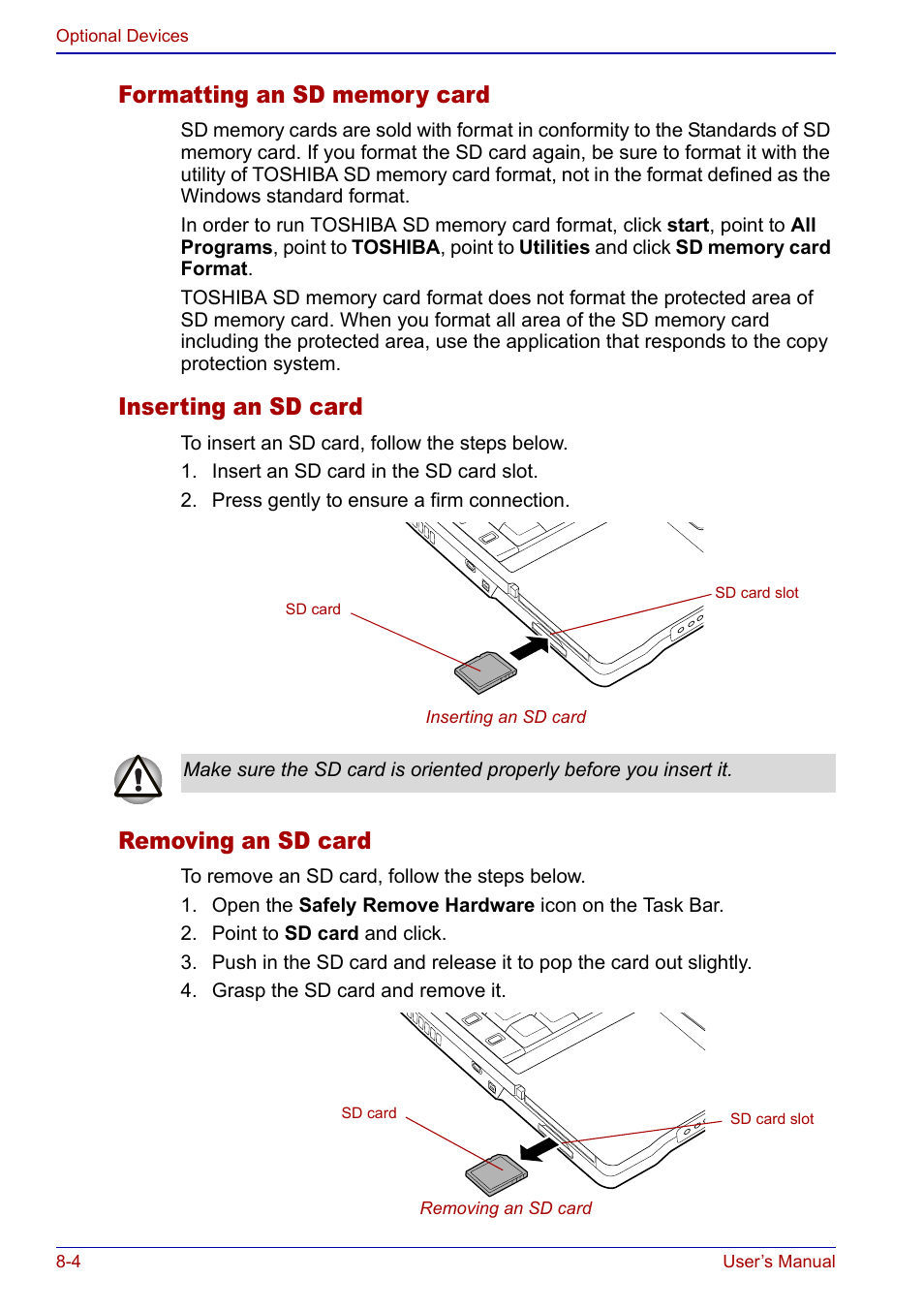 Inserting an sd card, Removing an sd card | Toshiba Portege S100 User Manual | Page 136 / 216