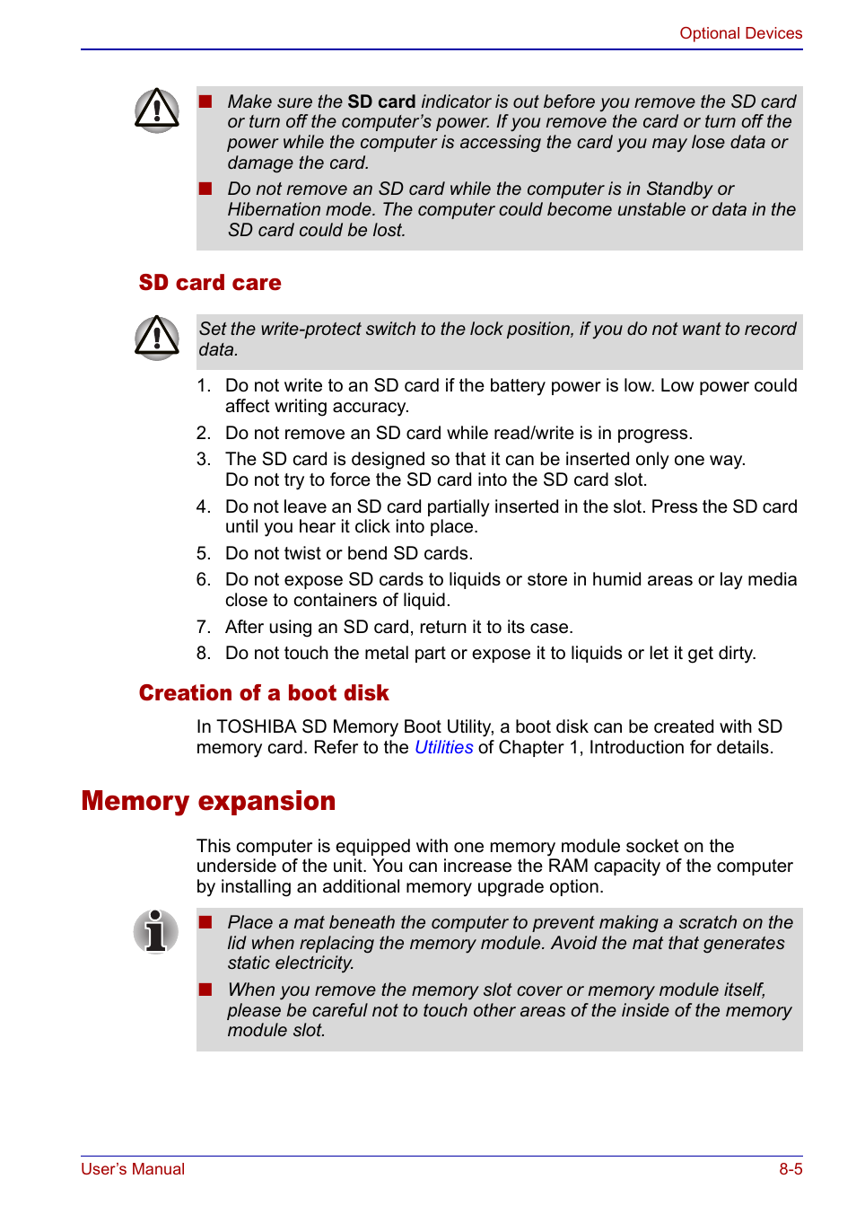 Memory expansion, Memory expansion -5, Sd card care | Creation of a boot disk | Toshiba Portege S100 User Manual | Page 137 / 216