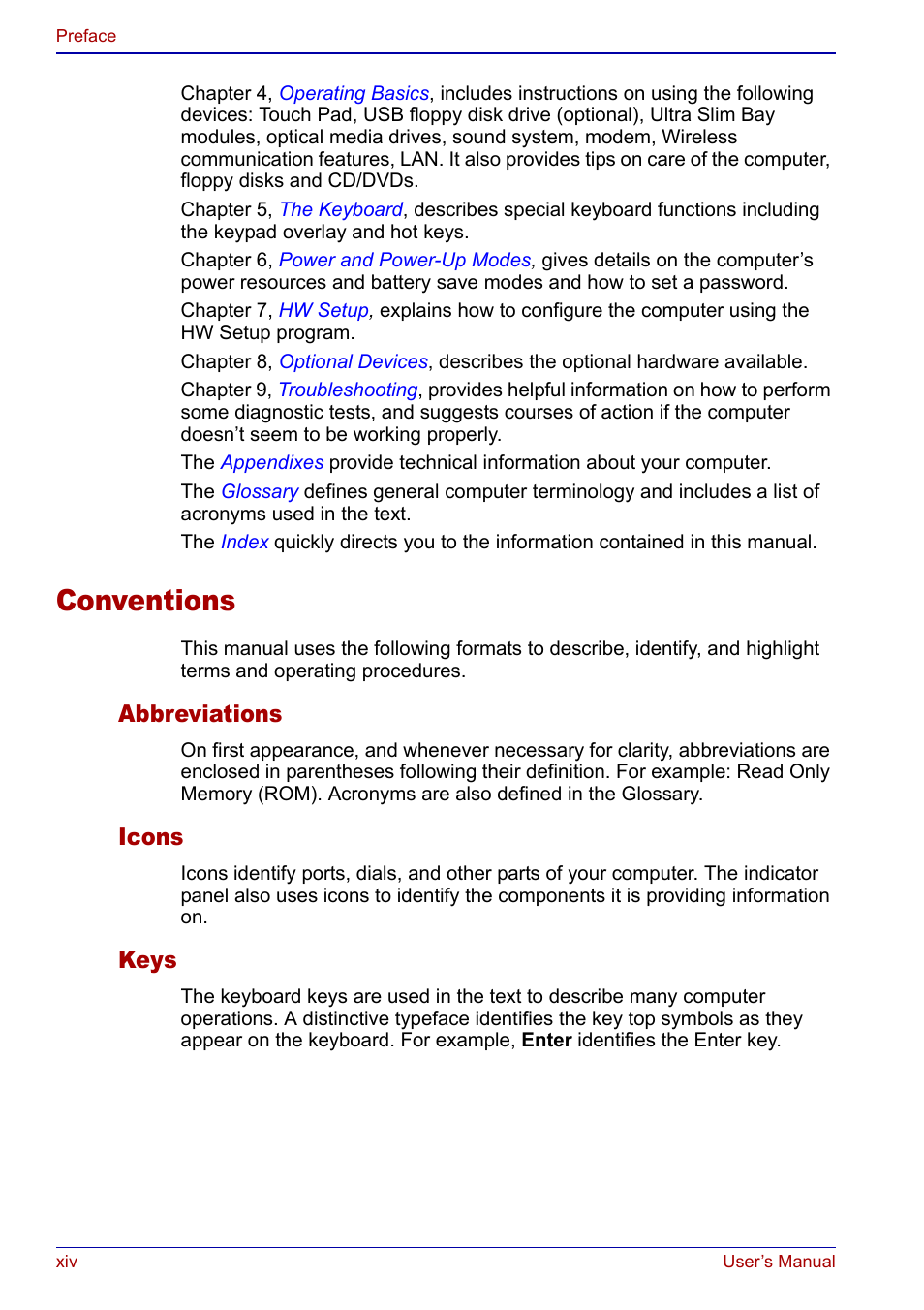 Conventions, Abbreviations, Icons | Keys | Toshiba Portege S100 User Manual | Page 14 / 216