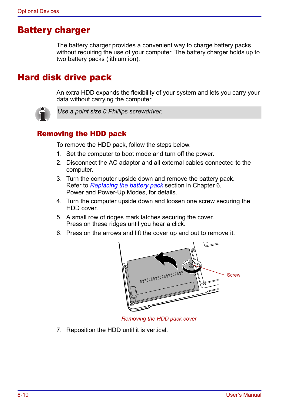 Battery charger, Hard disk drive pack, Battery charger -10 hard disk drive pack -10 | Removing the hdd pack | Toshiba Portege S100 User Manual | Page 142 / 216