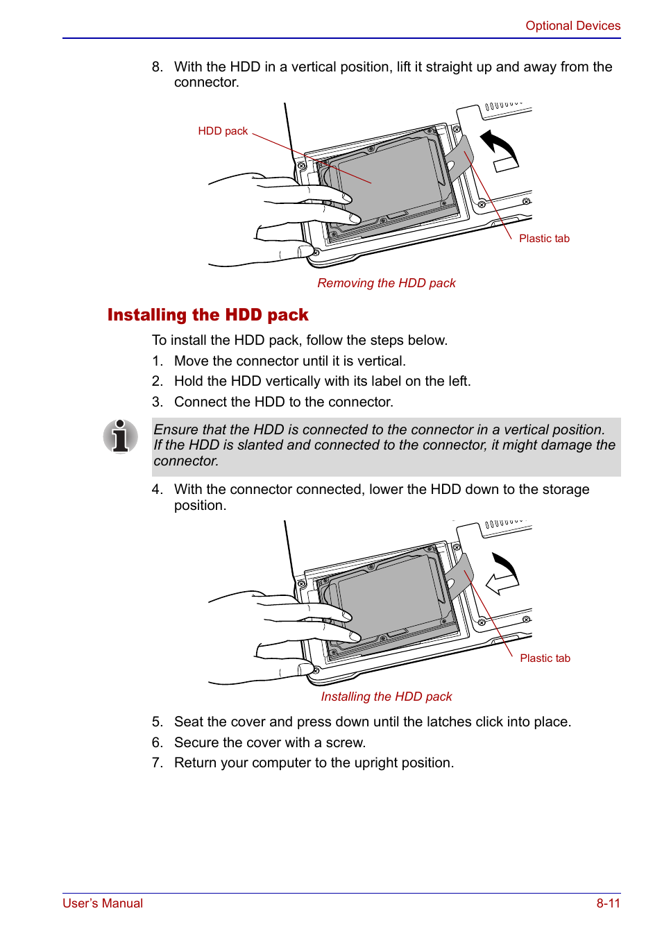 Installing the hdd pack | Toshiba Portege S100 User Manual | Page 143 / 216