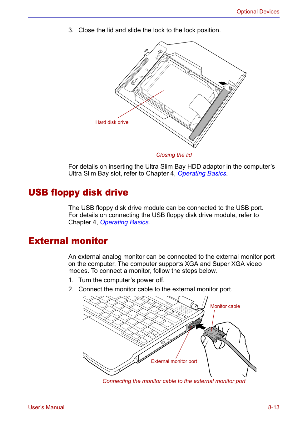 Usb floppy disk drive, External monitor, Usb floppy disk drive -13 external monitor -13 | Toshiba Portege S100 User Manual | Page 145 / 216