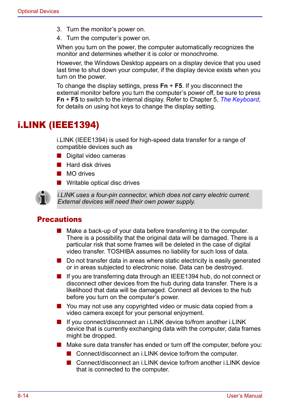 I.link (ieee1394), I.link (ieee1394) -14, Precautions | Toshiba Portege S100 User Manual | Page 146 / 216