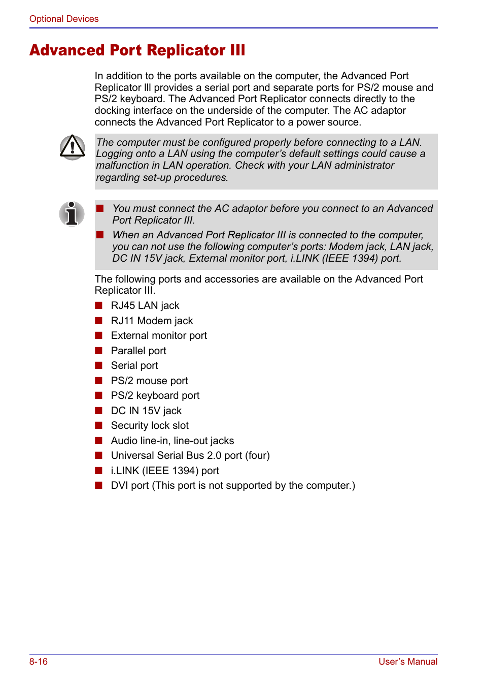 Advanced port replicator iil, Advanced port replicator iil -16 | Toshiba Portege S100 User Manual | Page 148 / 216