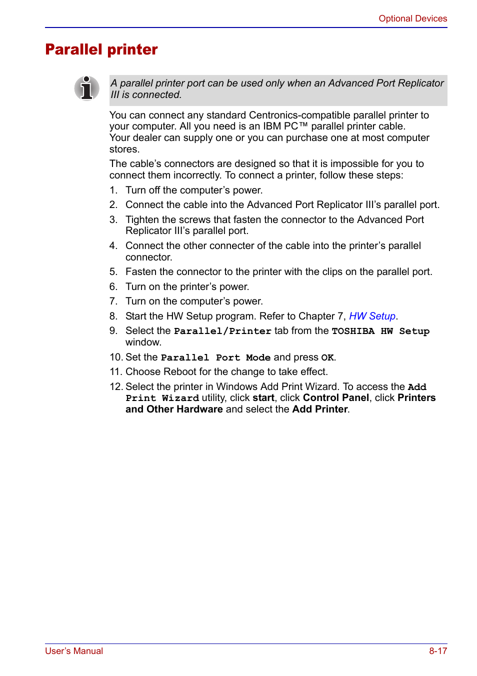 Parallel printer, Parallel printer -17 | Toshiba Portege S100 User Manual | Page 149 / 216