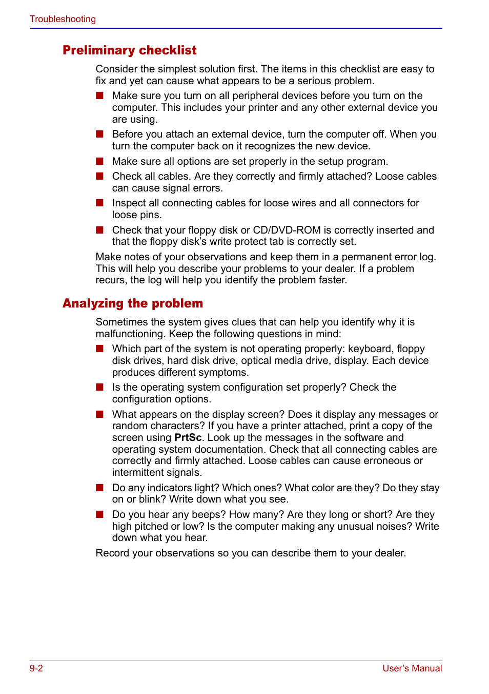 Preliminary checklist, Analyzing the problem | Toshiba Portege S100 User Manual | Page 152 / 216