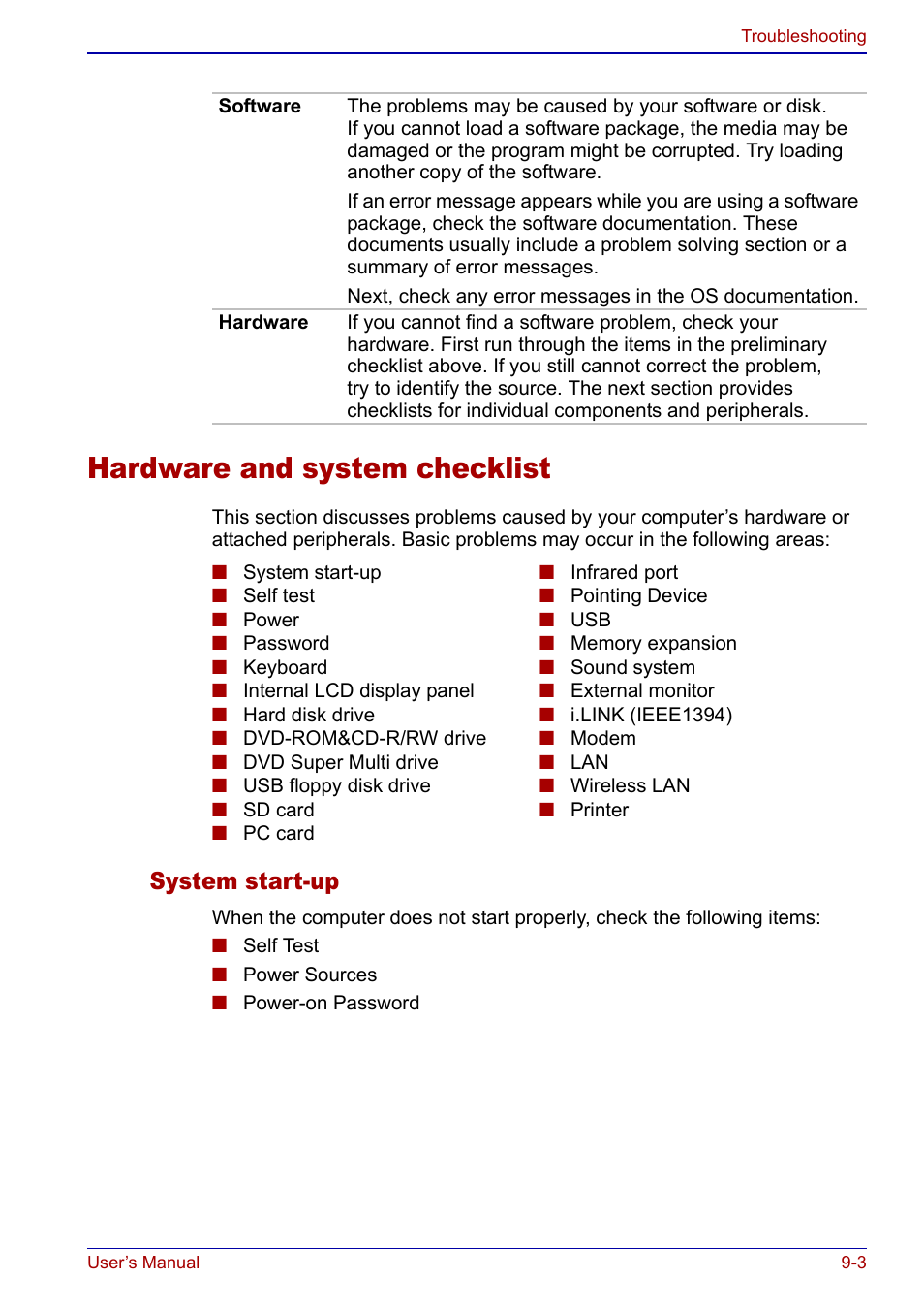 Hardware and system checklist, Hardware and system checklist -3, System start-up | Toshiba Portege S100 User Manual | Page 153 / 216