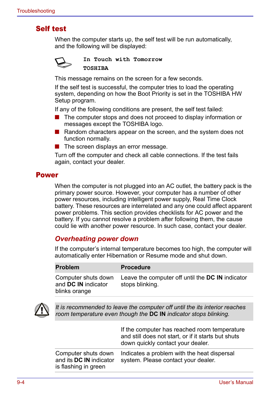 Self test, Power | Toshiba Portege S100 User Manual | Page 154 / 216