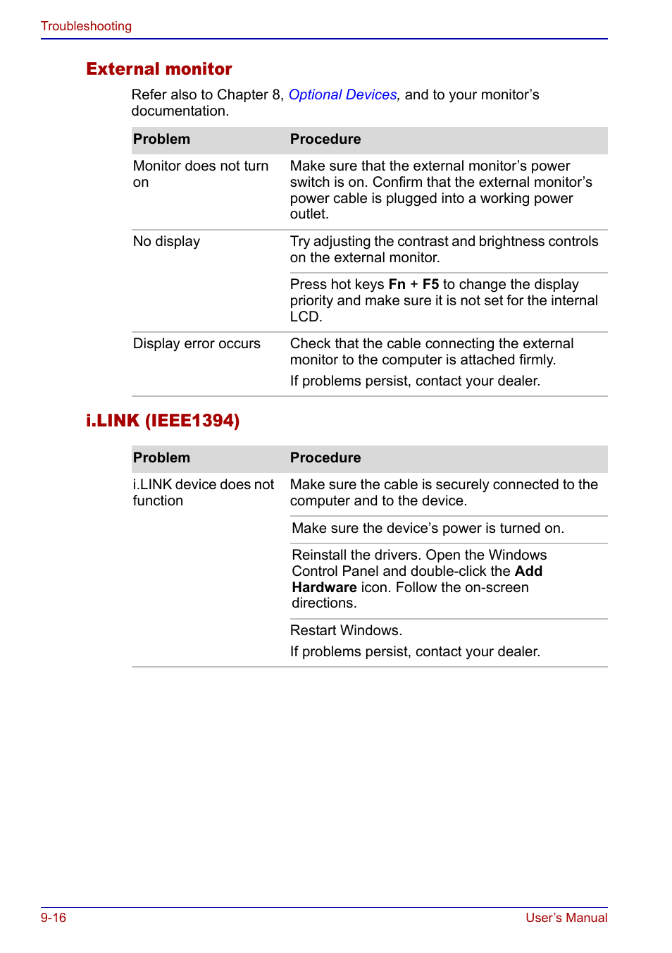External monitor, I.link (ieee1394) | Toshiba Portege S100 User Manual | Page 166 / 216
