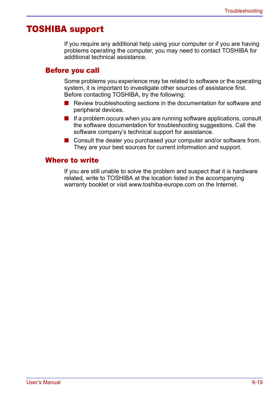 Toshiba support, Toshiba support -19, Refer to | Before you call, Where to write | Toshiba Portege S100 User Manual | Page 169 / 216