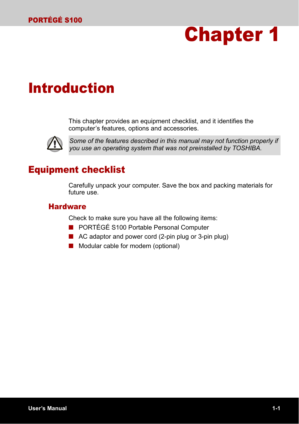 Chapter 1 - introduction, Equipment checklist, Chapter 1 | Introduction, Equipment checklist -1, Is an overvie | Toshiba Portege S100 User Manual | Page 17 / 216