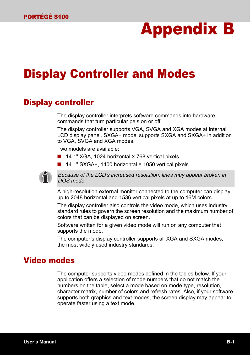 Appendix b - display controller and modes, Display controller, Video modes | Appendix b, Display controller and modes, Refer to, Display controller and, Modes | Toshiba Portege S100 User Manual | Page 173 / 216