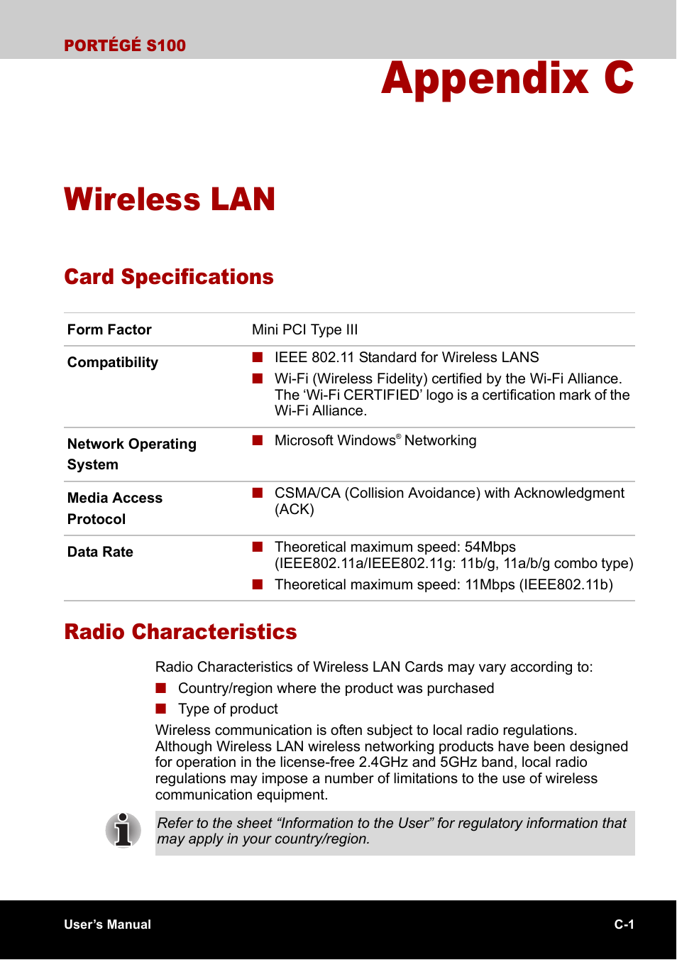 Appendix c - wireless lan, Card specifications, Radio characteristics | Appendix c, Wireless lan, Card specifications radio characteristics | Toshiba Portege S100 User Manual | Page 183 / 216