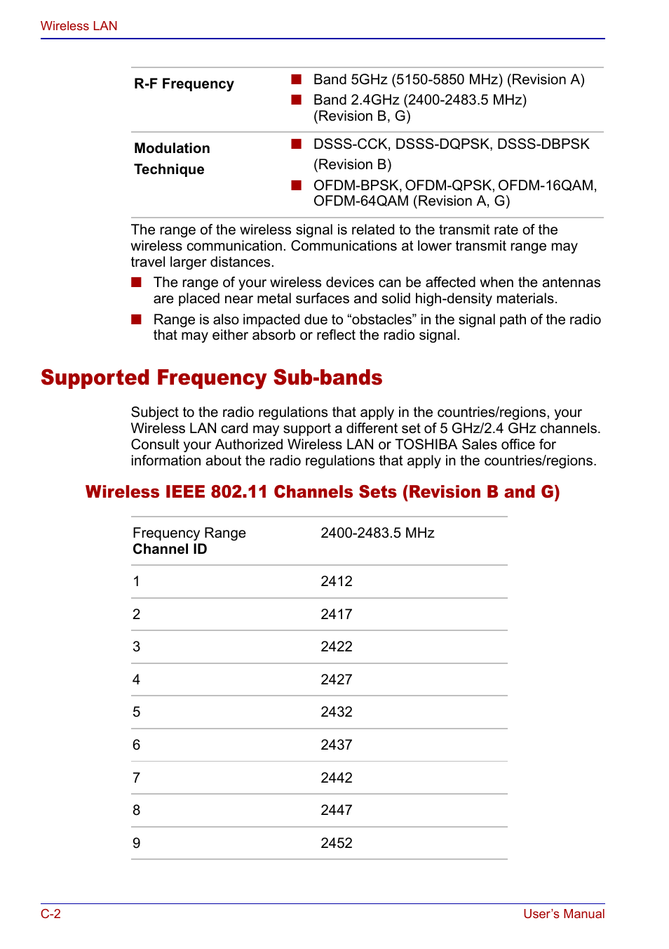 Supported frequency sub-bands | Toshiba Portege S100 User Manual | Page 184 / 216