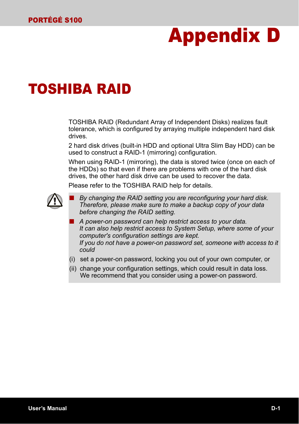 Appendix d - toshiba raid, Appendix d, Toshiba raid | Toshiba Portege S100 User Manual | Page 187 / 216