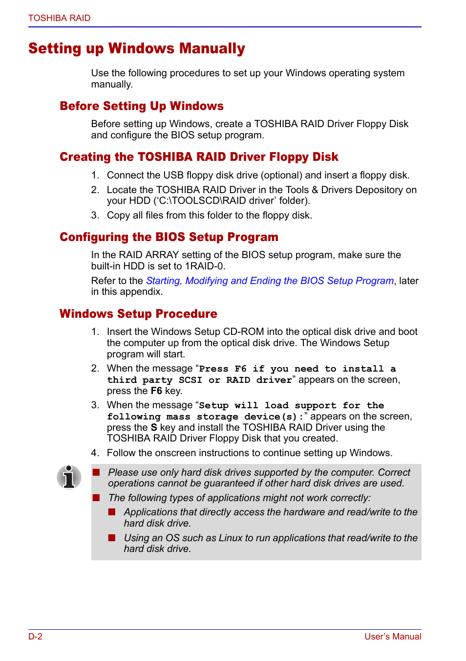 Setting up windows manually, Before setting up windows, Creating the toshiba raid driver floppy disk | Configuring the bios setup program, Windows setup procedure | Toshiba Portege S100 User Manual | Page 188 / 216