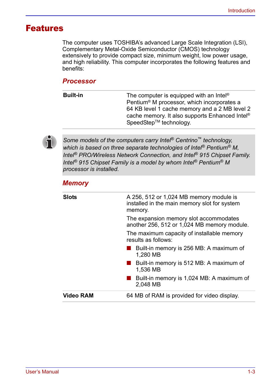 Features, Features -3 | Toshiba Portege S100 User Manual | Page 19 / 216