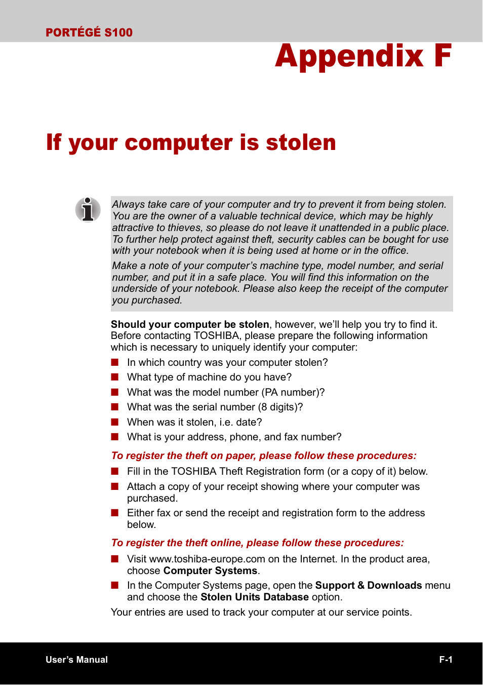 Appendix f - if your computer is stolen, Appendix f, If your computer is stolen | Toshiba Portege S100 User Manual | Page 195 / 216