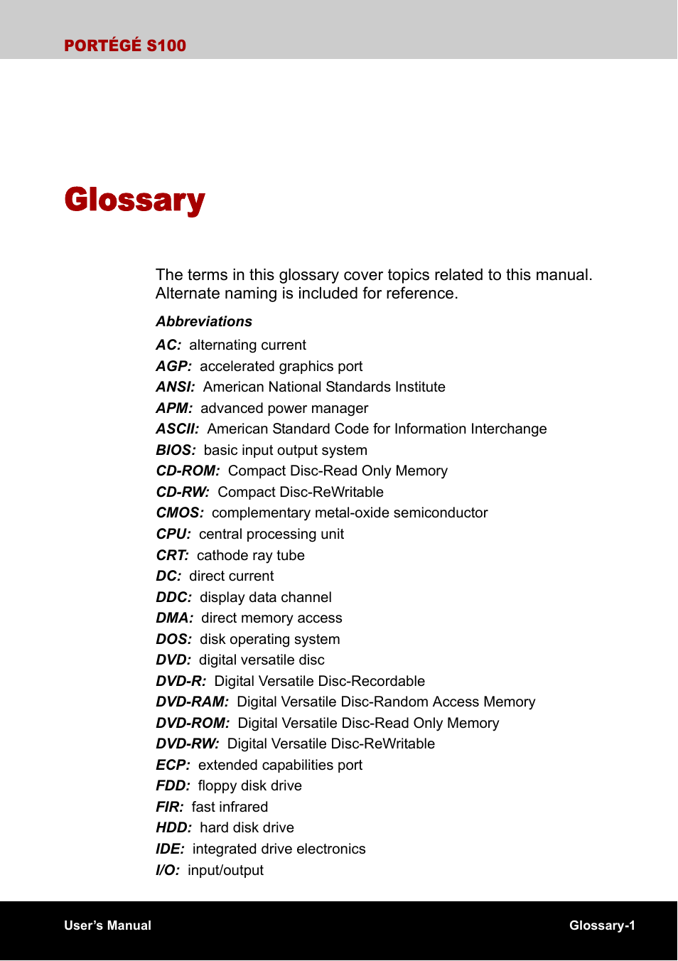 Glossary | Toshiba Portege S100 User Manual | Page 197 / 216