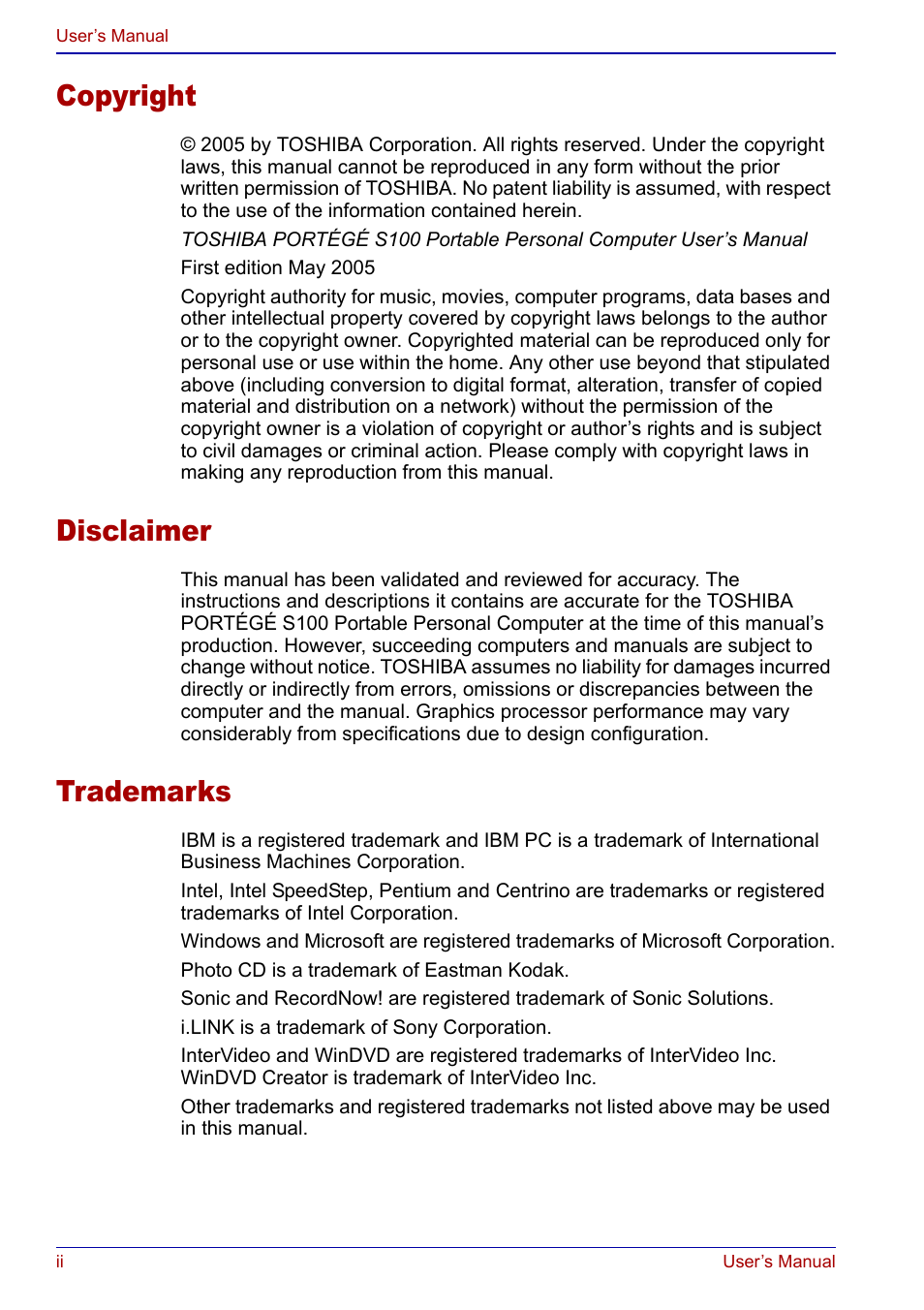 Copyright, Disclaimer, Trademarks | Toshiba Portege S100 User Manual | Page 2 / 216