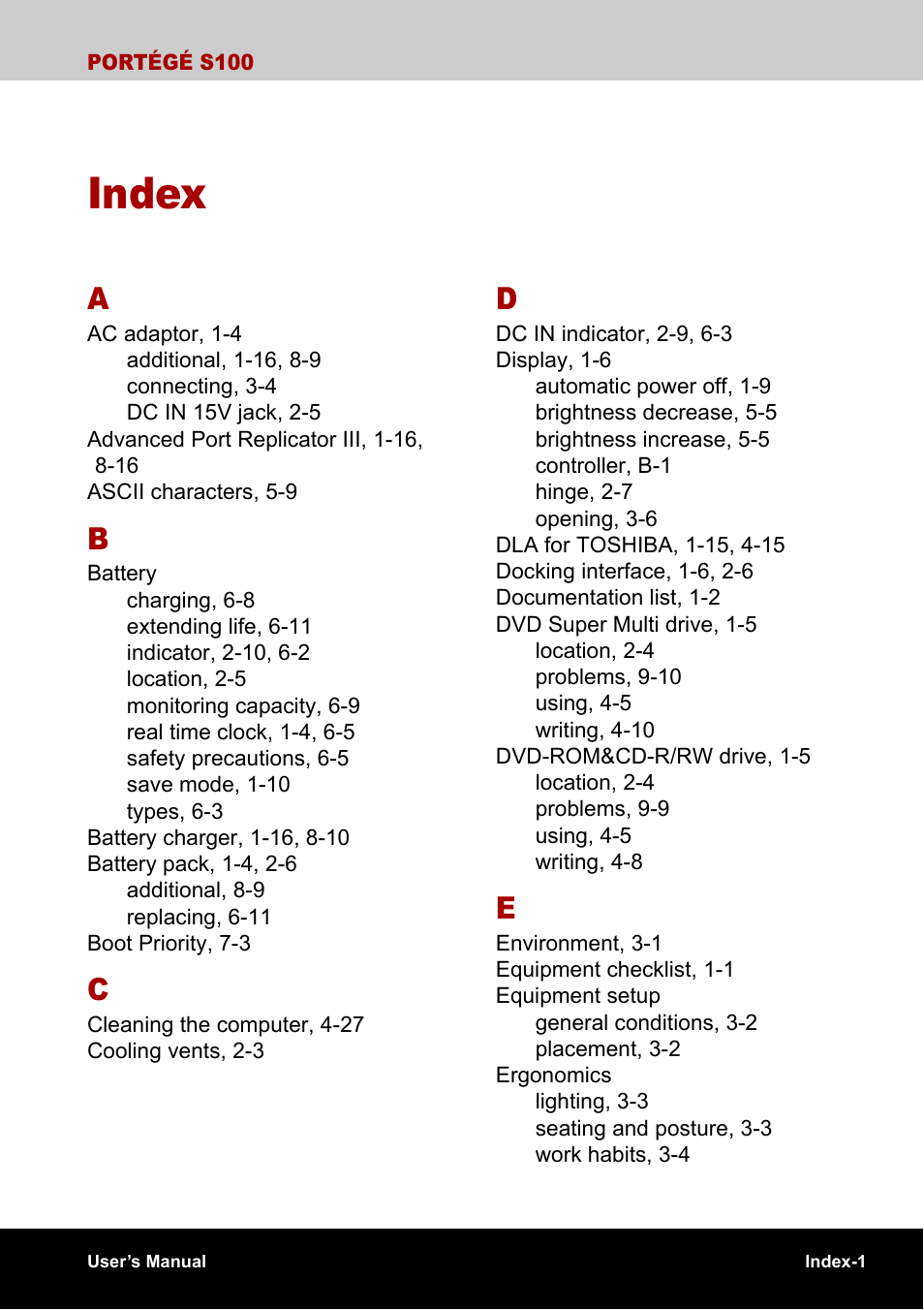 Index | Toshiba Portege S100 User Manual | Page 211 / 216