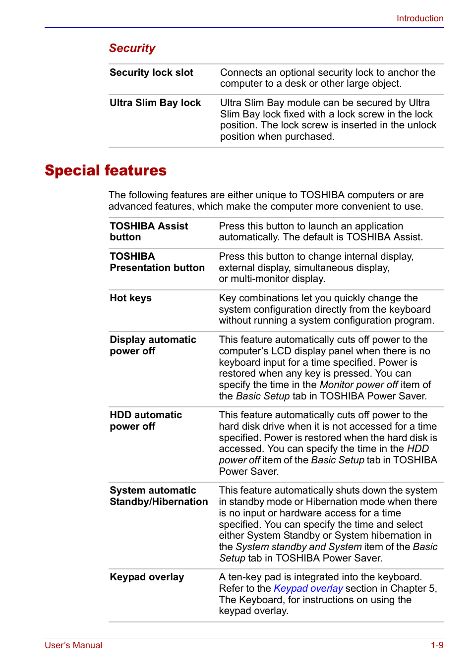 Special features, Special features -9 | Toshiba Portege S100 User Manual | Page 25 / 216