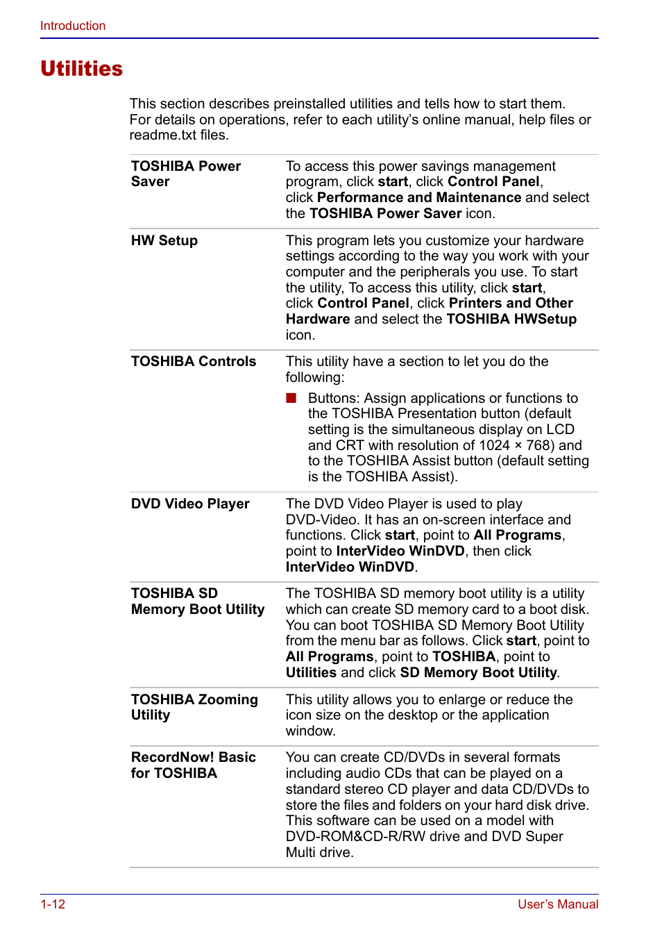 Utilities, Utilities -12 | Toshiba Portege S100 User Manual | Page 28 / 216