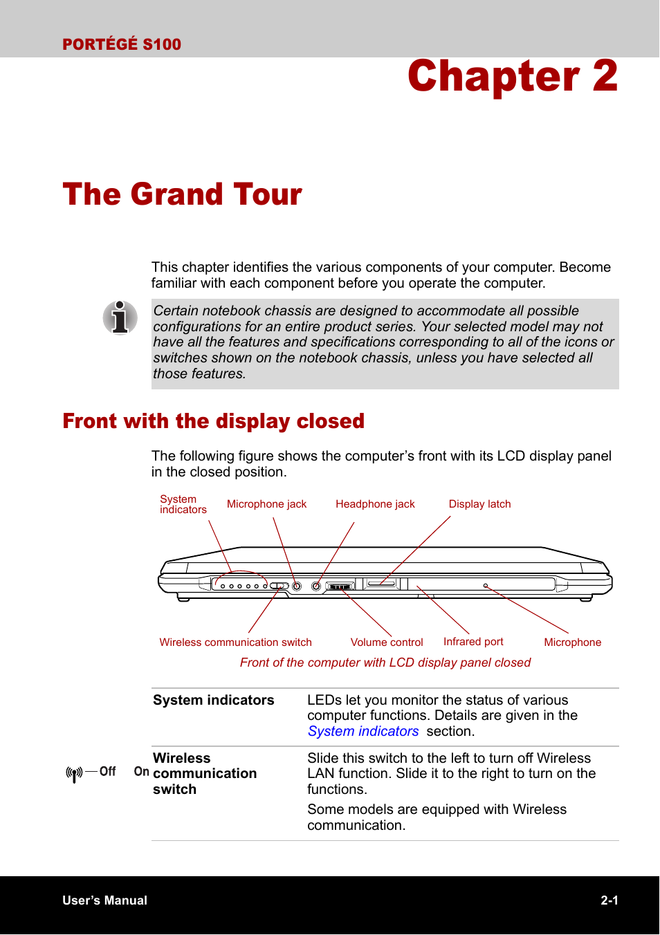 Chapter 2 - the grand tour, Front with the display closed, Chapter 2 | The grand tour, Front with the display closed -1 | Toshiba Portege S100 User Manual | Page 35 / 216