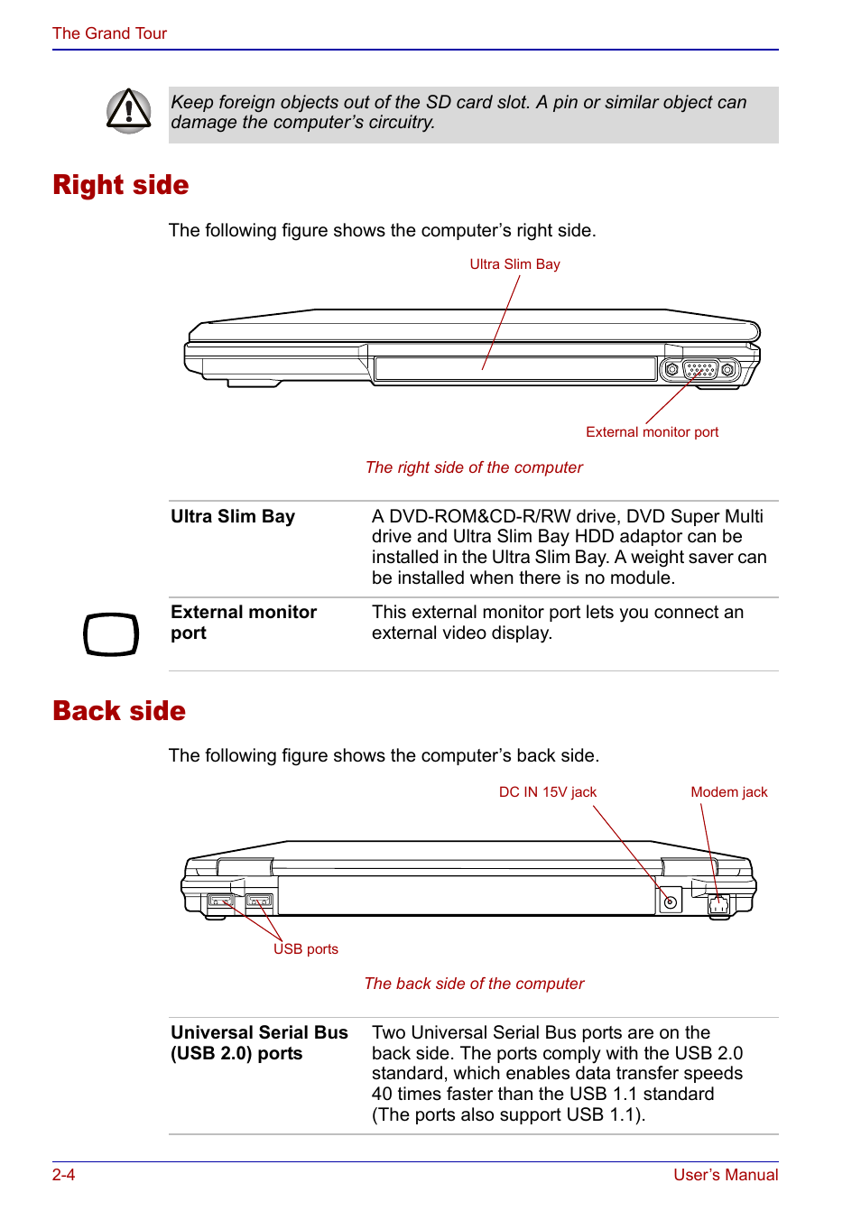 Right side, Back side, Right side -4 back side -4 | Toshiba Portege S100 User Manual | Page 38 / 216