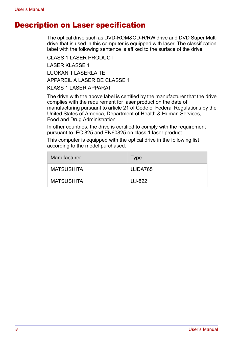 Description on laser specification | Toshiba Portege S100 User Manual | Page 4 / 216