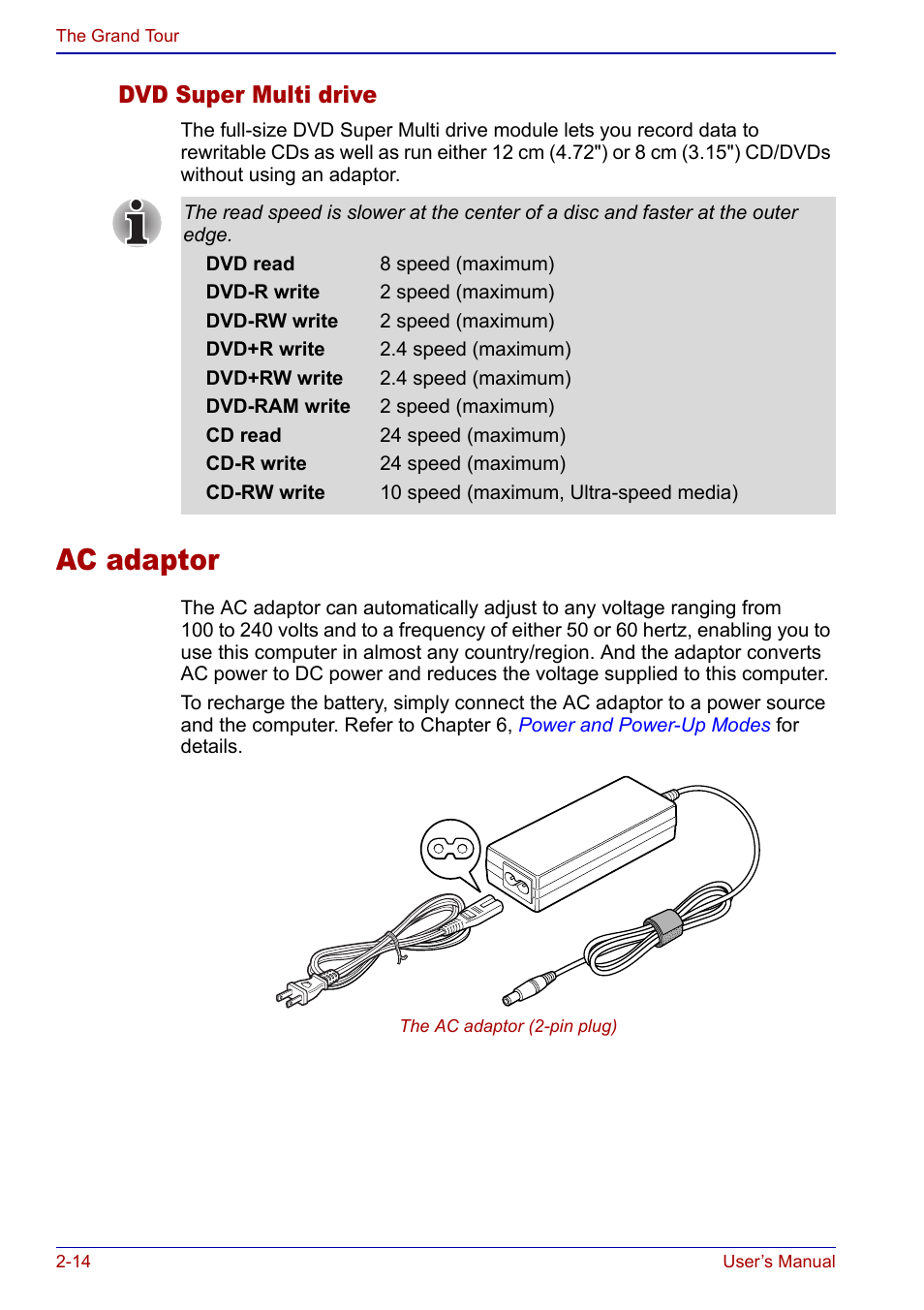 Ac adaptor, Ac adaptor -14, Dvd super multi drive | Toshiba Portege S100 User Manual | Page 48 / 216