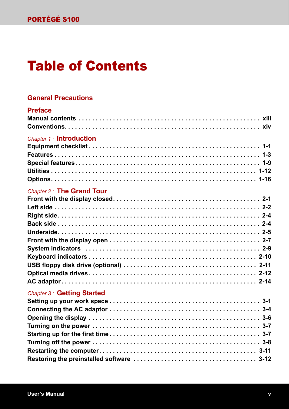 Toshiba Portege S100 User Manual | Page 5 / 216