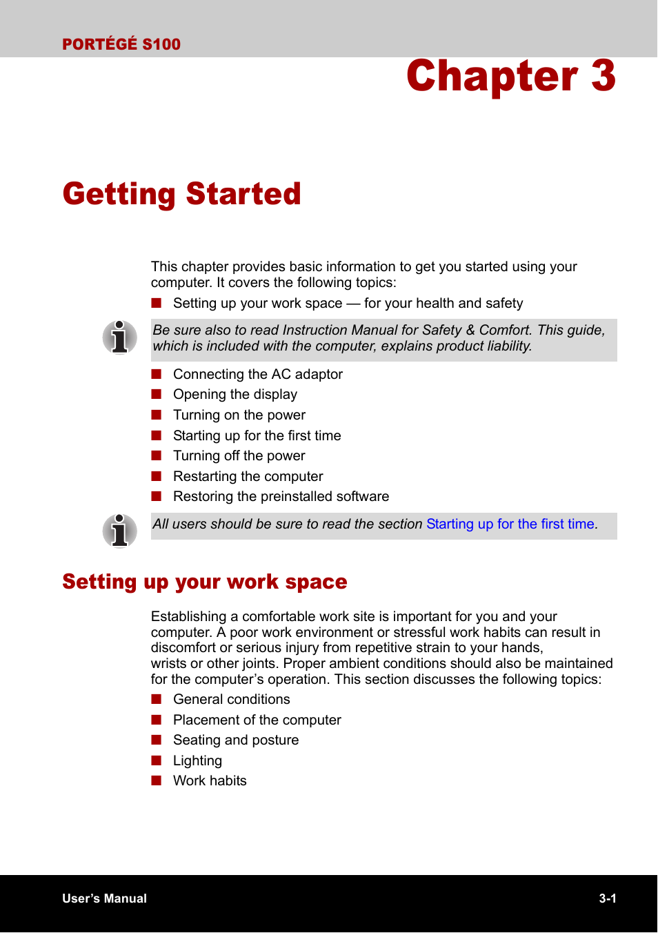 Chapter 3 - getting started, Setting up your work space, Chapter 3 | Getting started, Setting up your work space -1 | Toshiba Portege S100 User Manual | Page 51 / 216