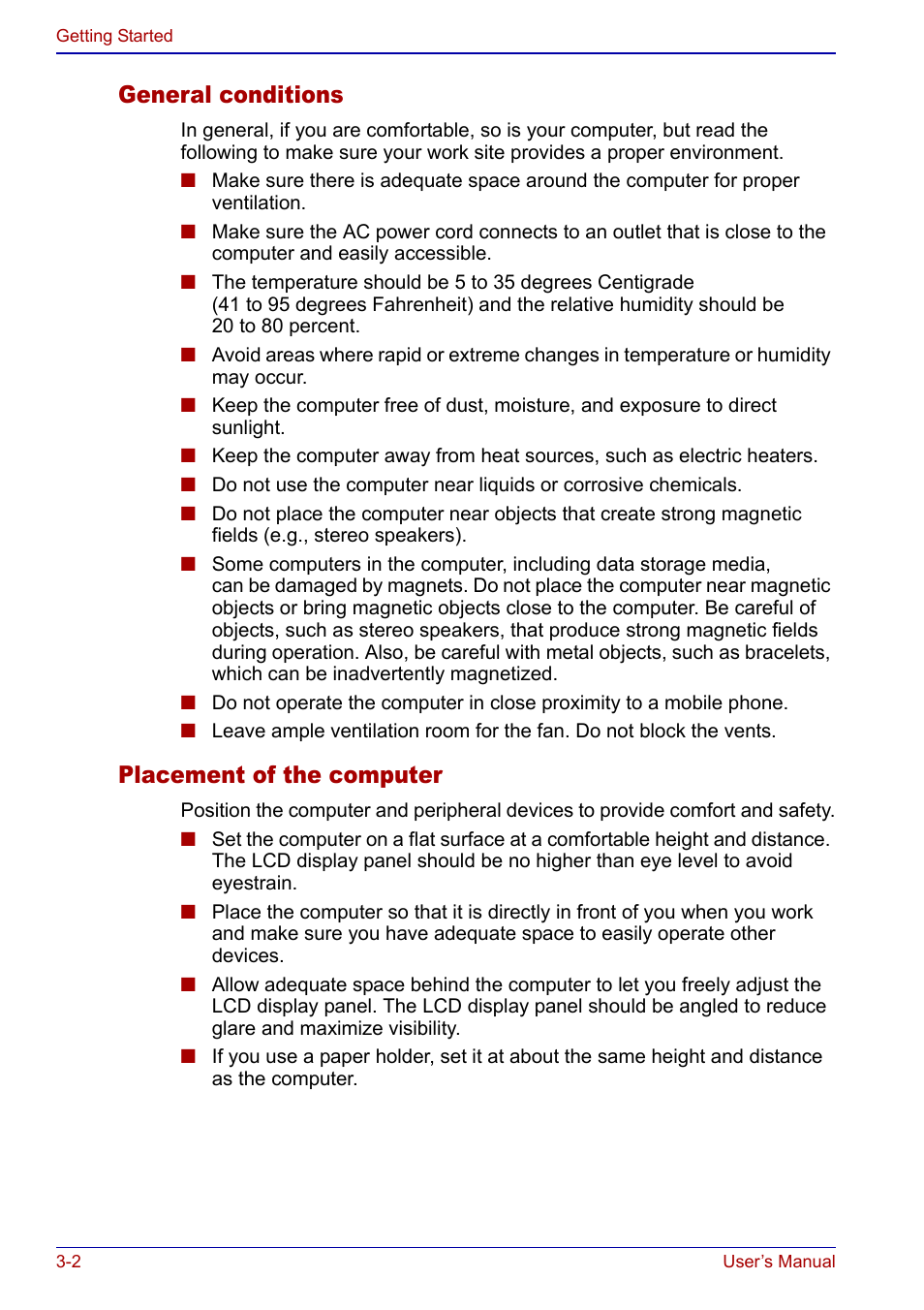 General conditions, Placement of the computer | Toshiba Portege S100 User Manual | Page 52 / 216