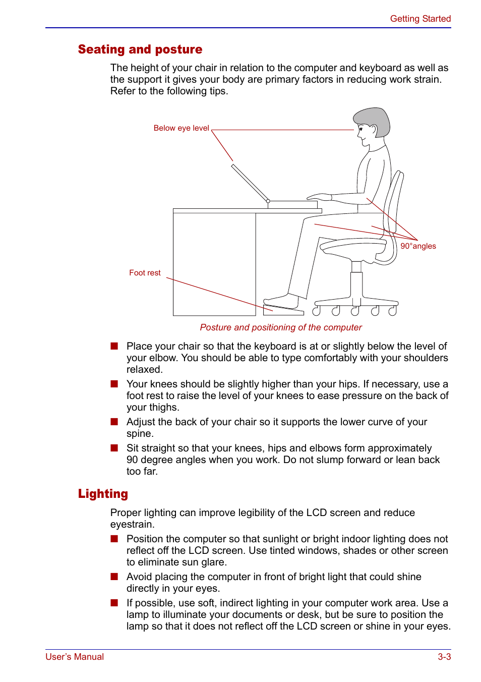 Seating and posture, Lighting | Toshiba Portege S100 User Manual | Page 53 / 216