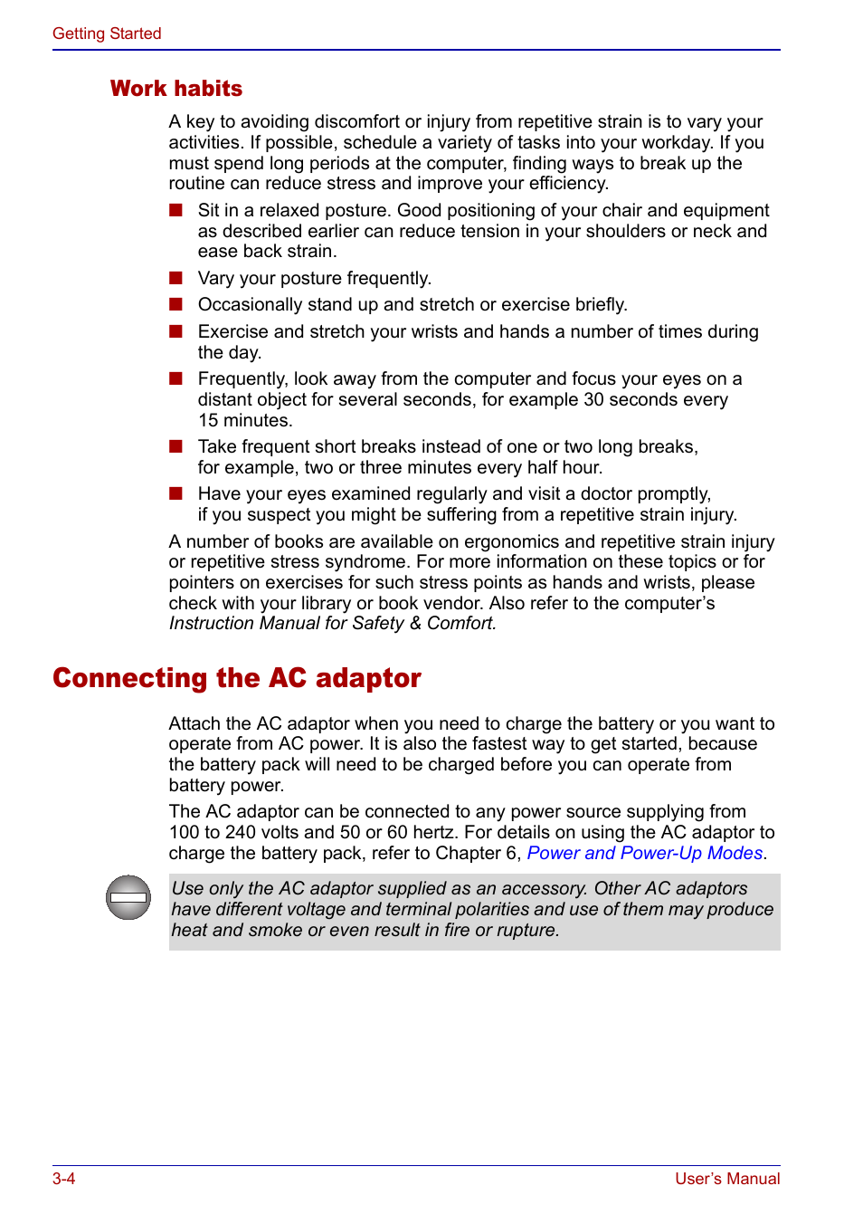 Connecting the ac adaptor, Connecting the ac adaptor -4, Work habits | Toshiba Portege S100 User Manual | Page 54 / 216