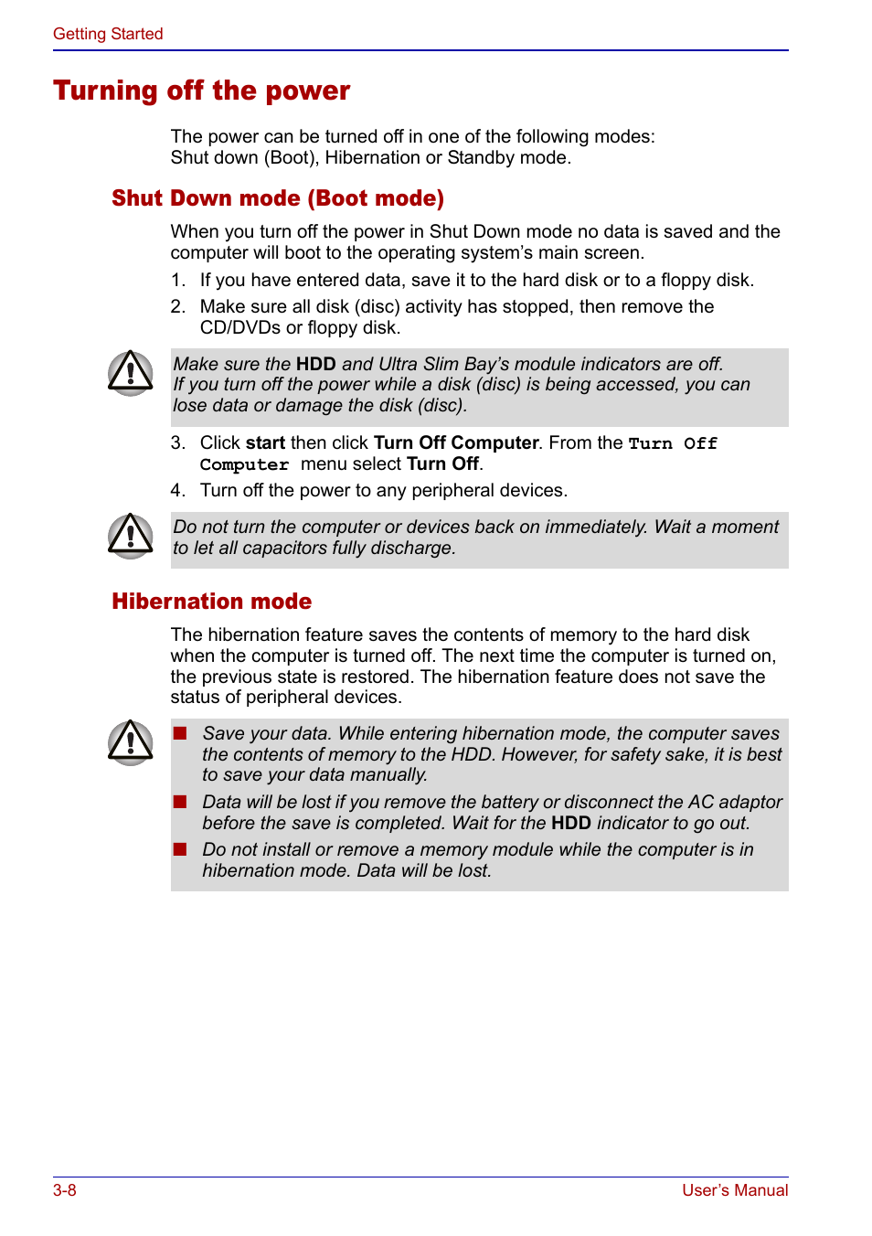 Turning off the power, Turning off the power -8, Shut down mode (boot mode) | Hibernation mode | Toshiba Portege S100 User Manual | Page 58 / 216