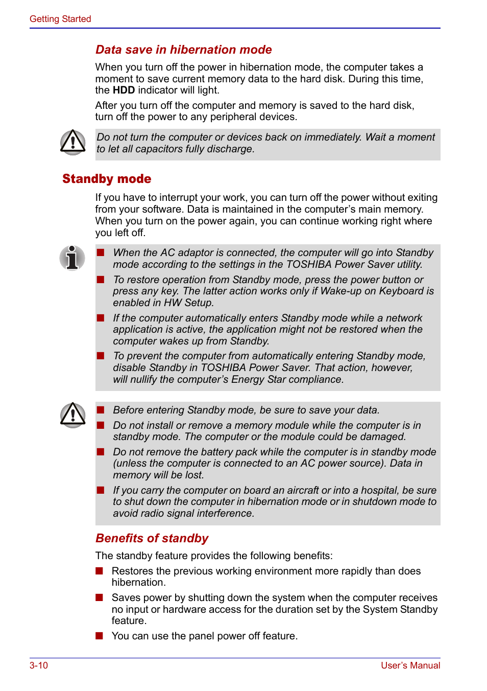 Standby mode | Toshiba Portege S100 User Manual | Page 60 / 216