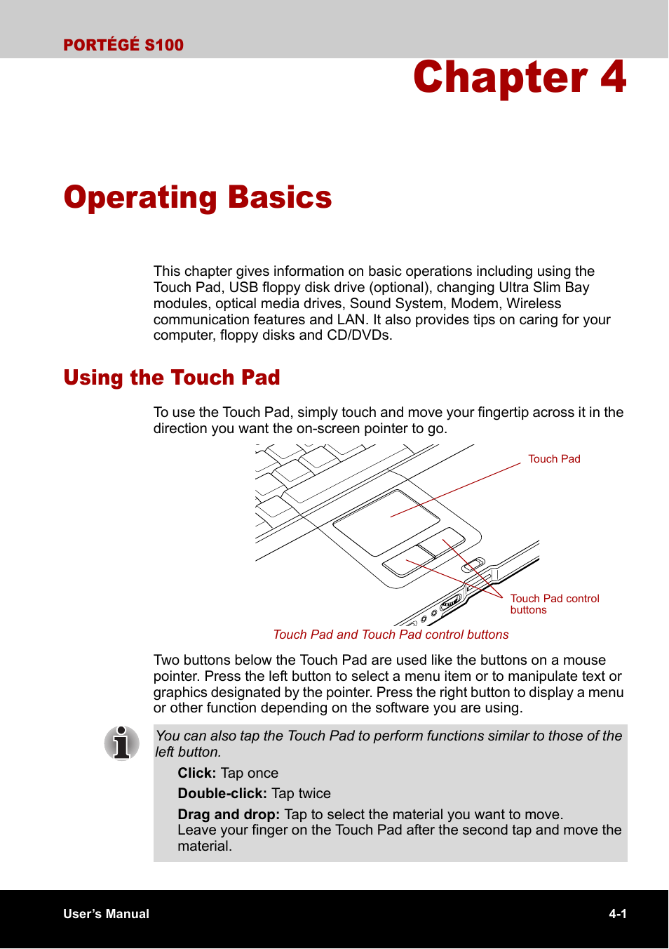 Chapter 4 - operating basics, Using the touch pad, Chapter 4 | Operating basics, Using the touch pad -1 | Toshiba Portege S100 User Manual | Page 63 / 216