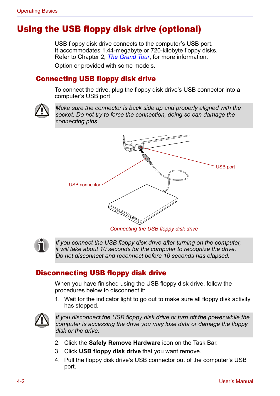 Using the usb floppy disk drive (optional), Using the usb floppy disk drive (optional) -2, Connecting usb floppy disk drive | Disconnecting usb floppy disk drive | Toshiba Portege S100 User Manual | Page 64 / 216