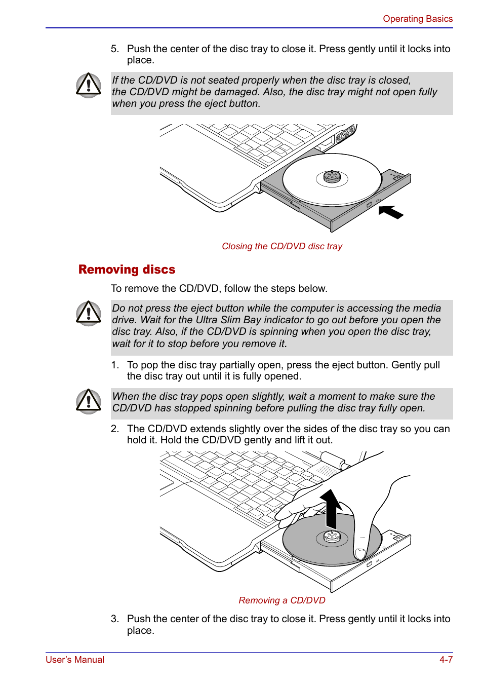 Removing discs | Toshiba Portege S100 User Manual | Page 69 / 216