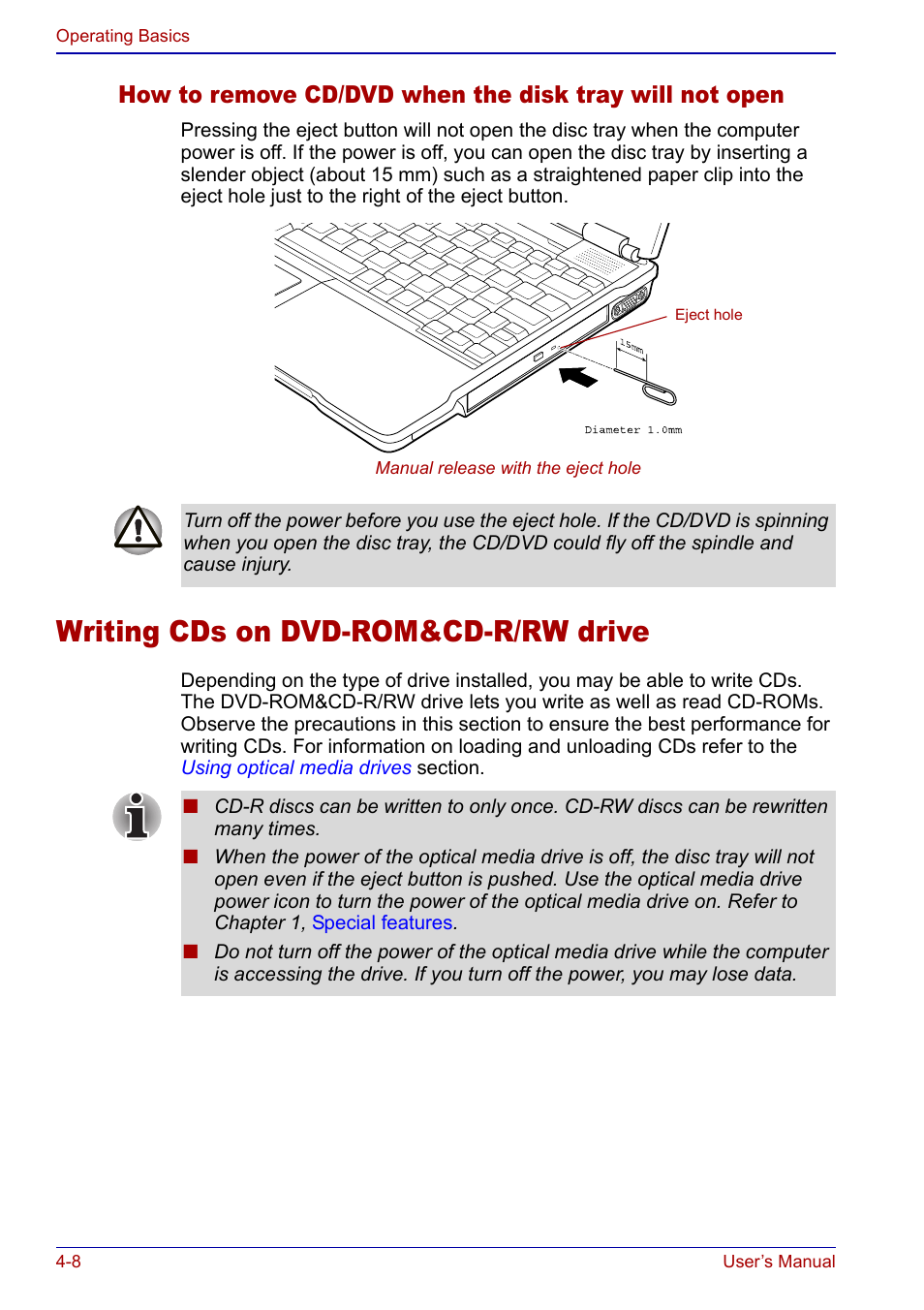 Writing cds on dvd-rom&cd-r/rw drive, Writing cds on dvd-rom&cd-r/rw drive -8, Writing cds on | Dvd-rom&cd-r/rw drive | Toshiba Portege S100 User Manual | Page 70 / 216