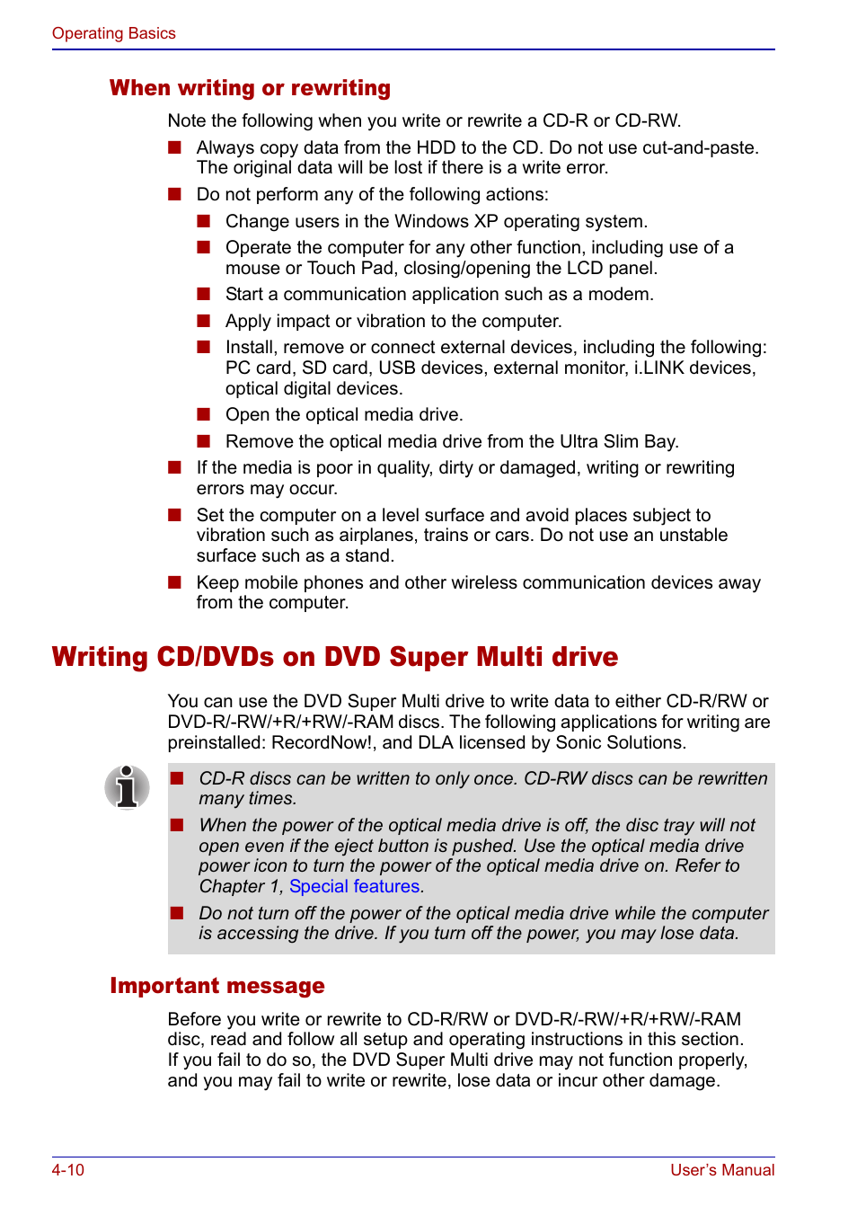 Writing cd/dvds on dvd super multi drive, Writing cd/dvds on dvd super multi drive -10, Writing cd/dvds on | Dvd super multi drive, When writing or rewriting, Important message | Toshiba Portege S100 User Manual | Page 72 / 216