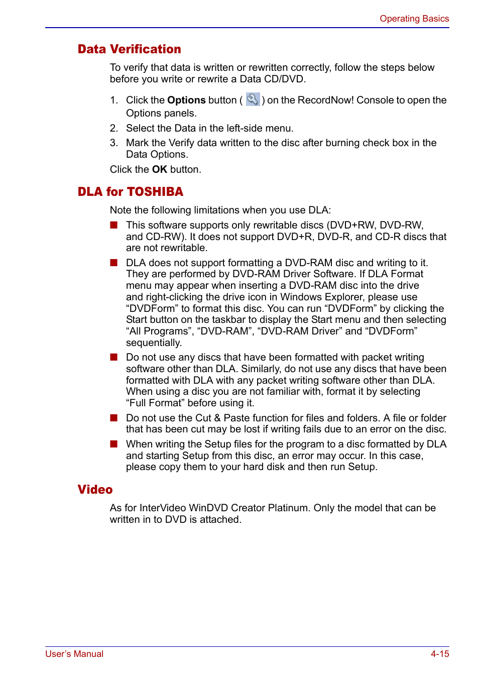 Data verification, Dla for toshiba, Video | Toshiba Portege S100 User Manual | Page 77 / 216