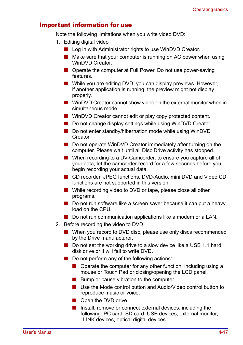 Important information for use | Toshiba Portege S100 User Manual | Page 79 / 216