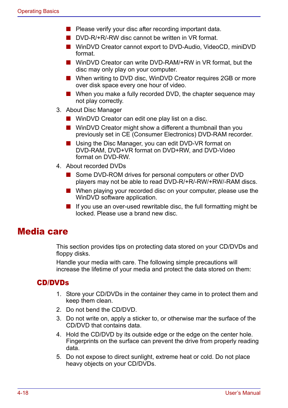 Media care, Media care -18, Cd/dvds | Toshiba Portege S100 User Manual | Page 80 / 216