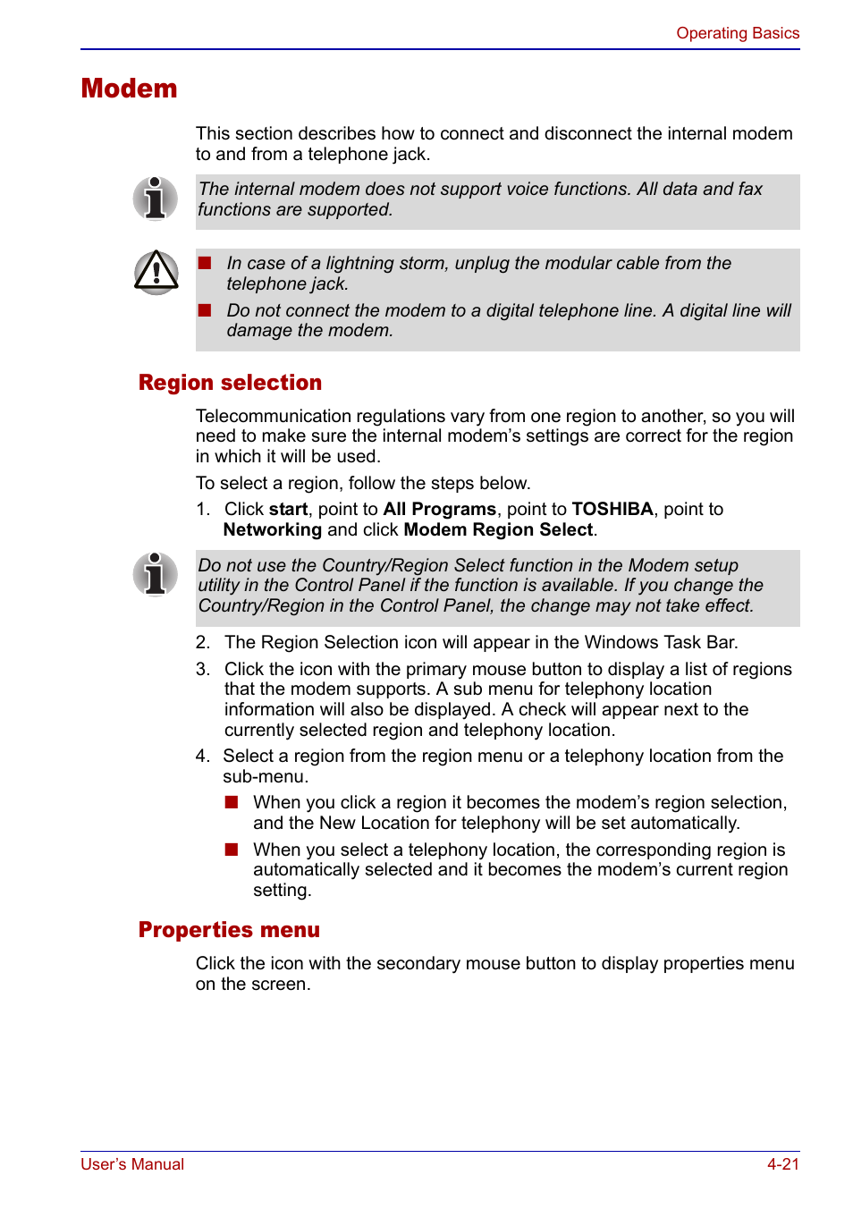 Modem, Modem -21, Region selection | Properties menu | Toshiba Portege S100 User Manual | Page 83 / 216