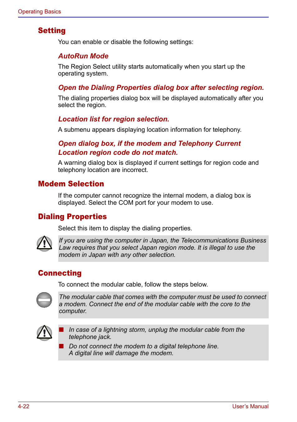Setting, Modem selection, Dialing properties | Connecting | Toshiba Portege S100 User Manual | Page 84 / 216