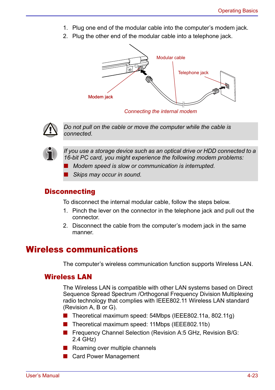 Wireless communications, Wireless communications -23, Disconnecting | Wireless lan | Toshiba Portege S100 User Manual | Page 85 / 216